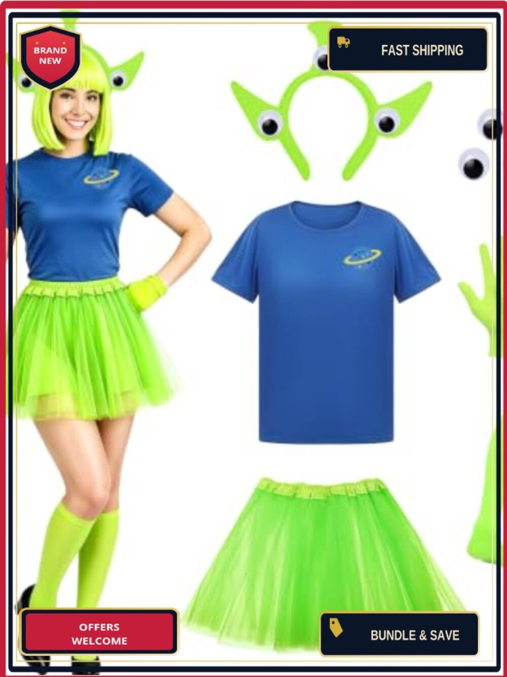 Alien Costume Set T-Shirt Tutu Skirt Headband Gloves Socks
